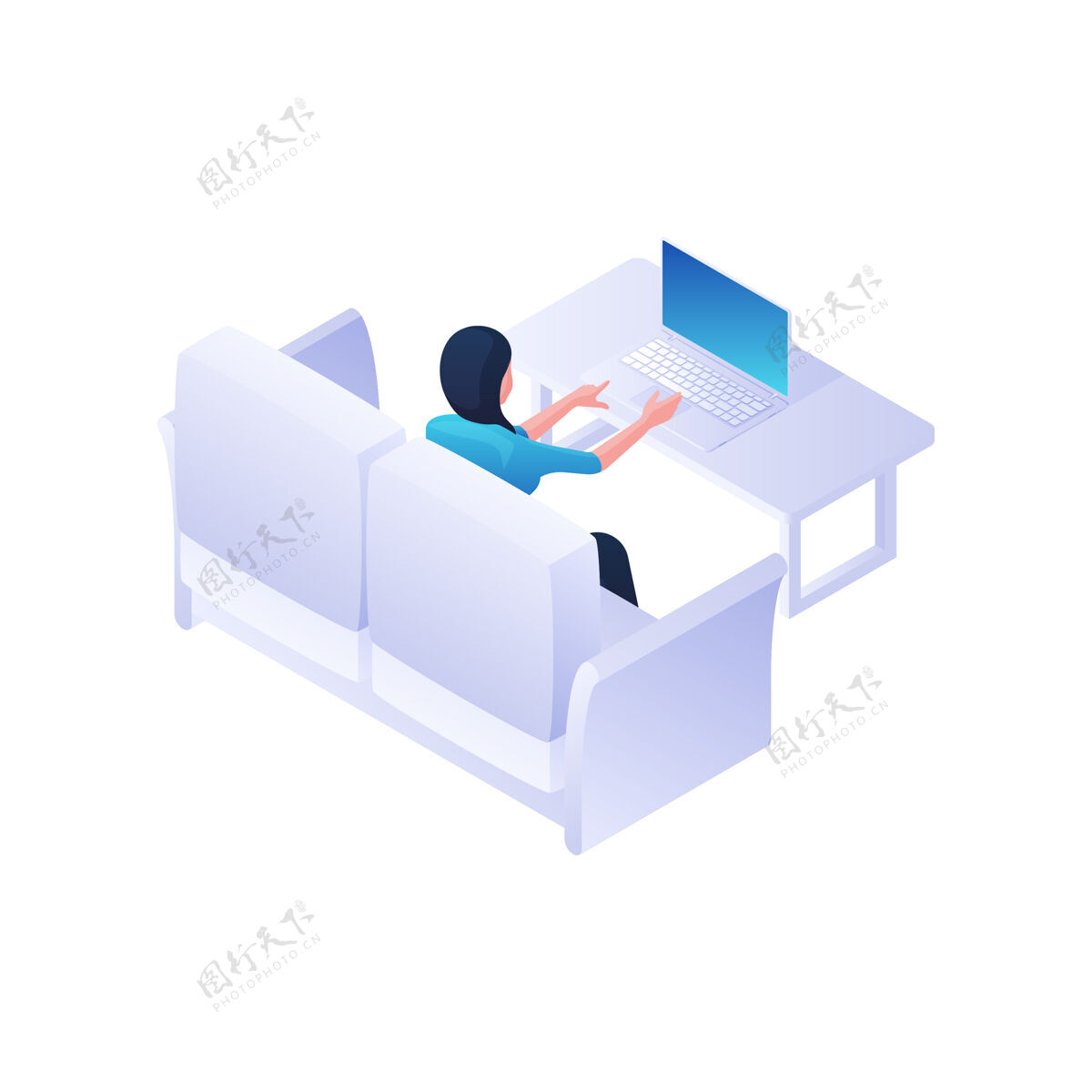 人在家里用笔记本电脑工作的女人插图.女性角色正坐在白色沙发上 静静地在笔记本电脑上打字餐桌舒适家庭自由职业者和放松的环境概念小玩意工作生活