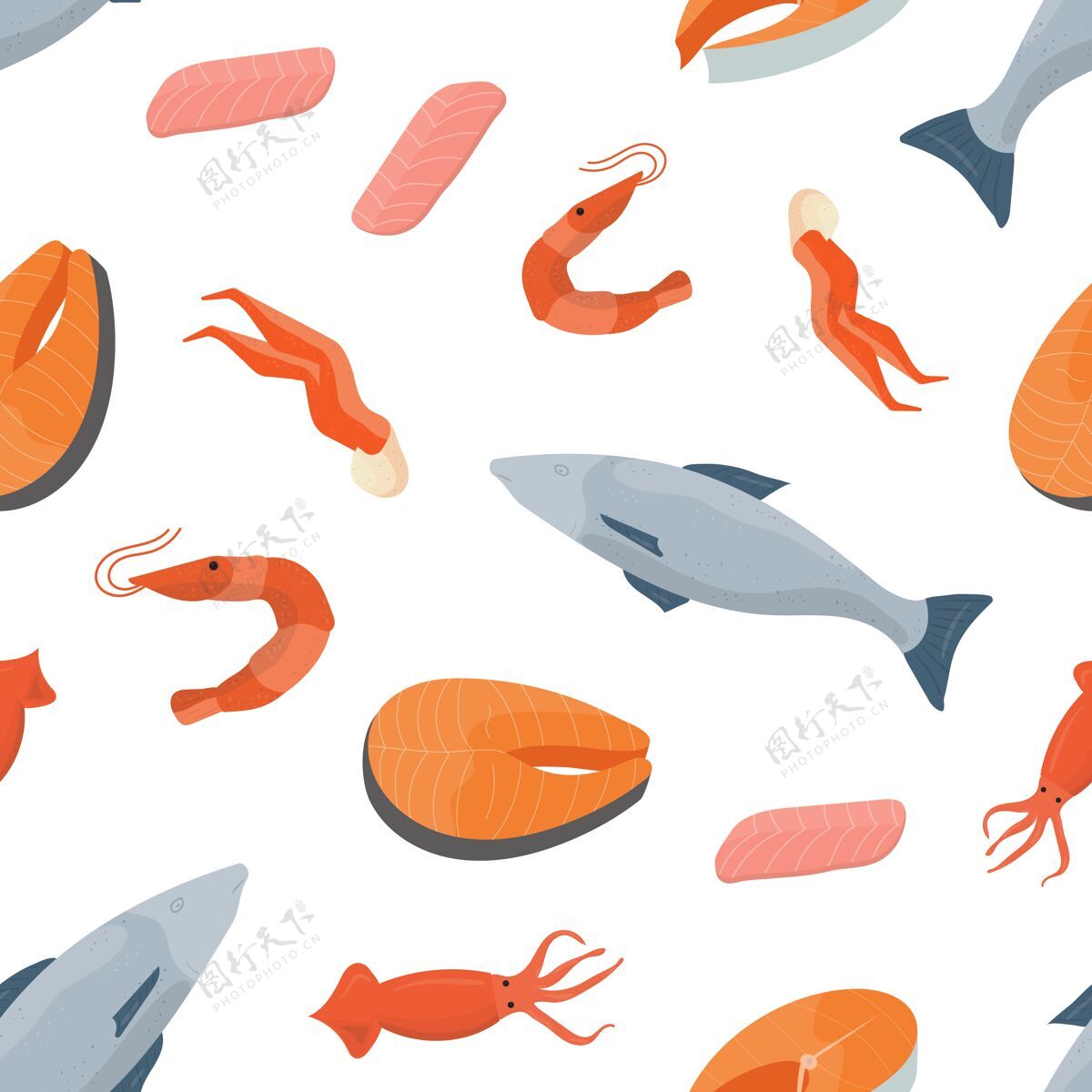 海亮色无缝图案 白色背景上有鱼 三文鱼牛排 虾 鱿鱼和其他类型的海鲜鲑鱼可食用的扁平