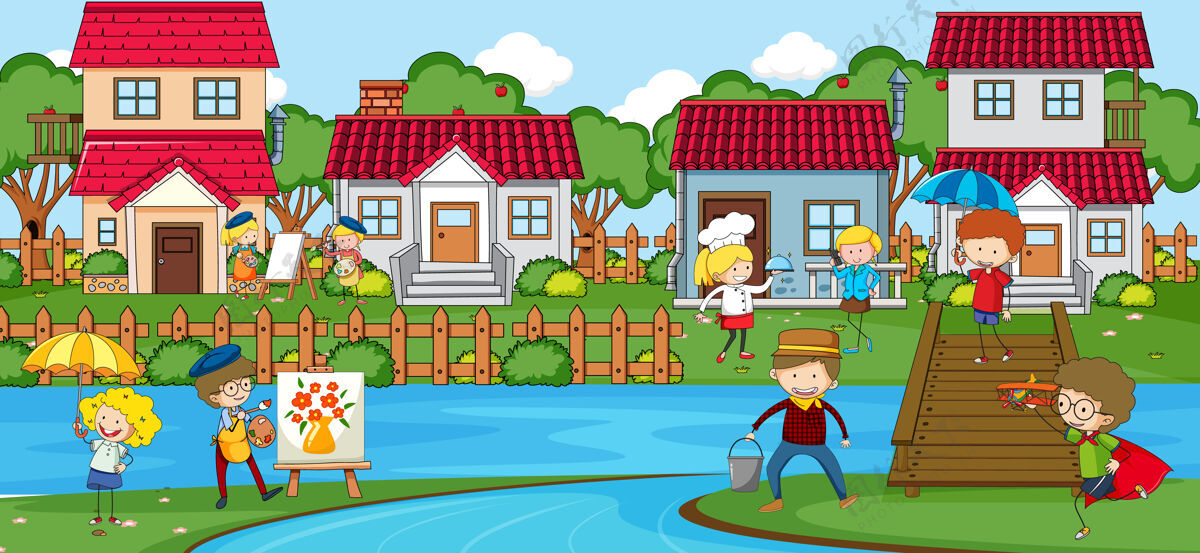 城镇许多孩子在公园里玩耍的户外场景可爱温暖游戏
