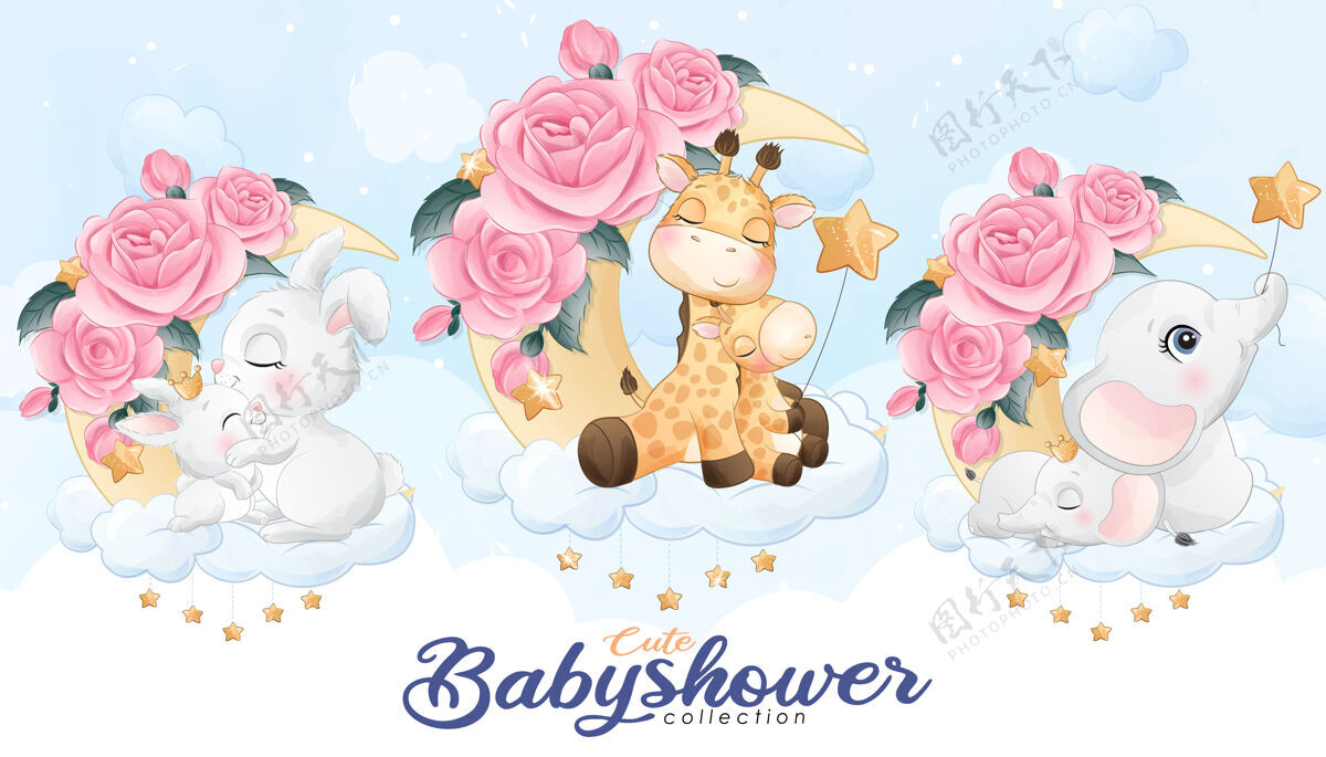 动物可爱的小动物宝宝洗澡水彩画插图集母性大象婴儿淋浴