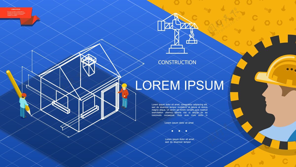 模型平面建筑行业模板与建设者和工程师设计模型的房子蓝色背景插图工程师背景房子