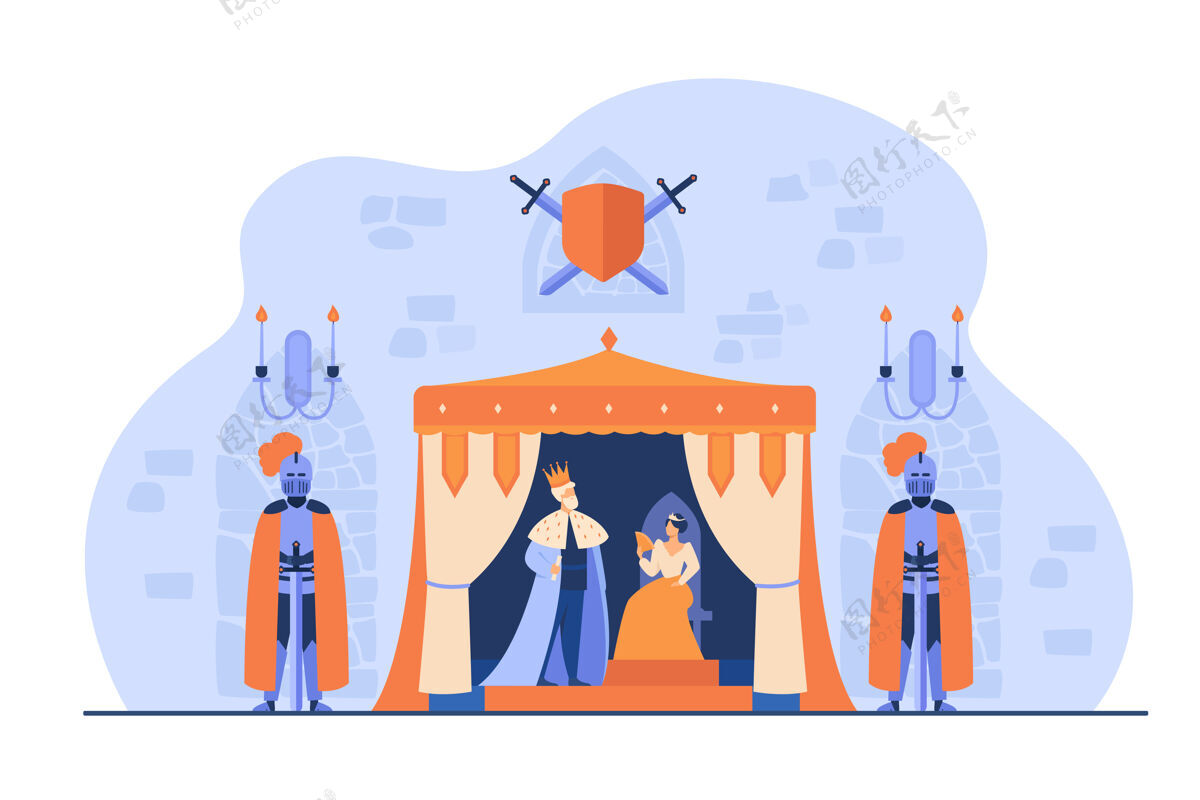 盾牌中世纪国王和王后在城堡内部盔甲骑士的护卫下坐在宝座上王国的矢量插图 中世纪 童话概念皇冠古董房间