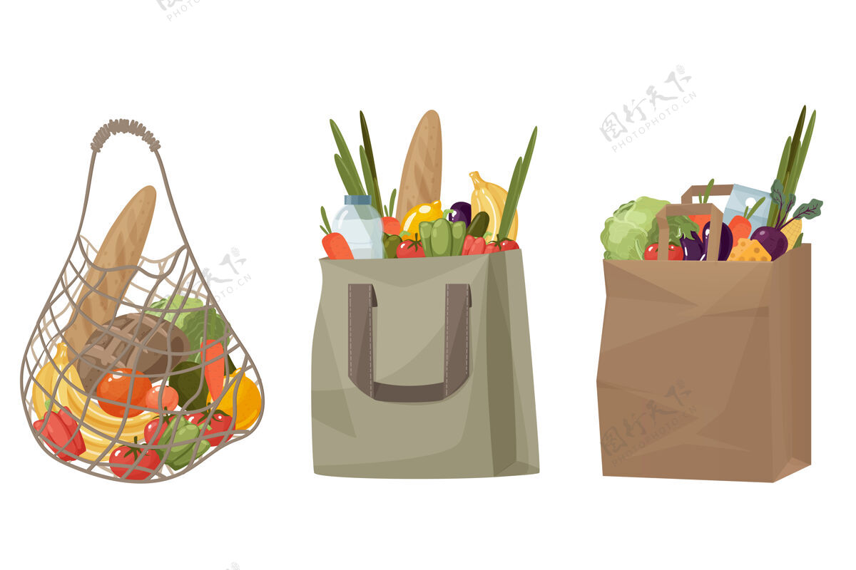 面包购物袋由网 纸和棉花与蔬菜和水果彩色杂货超市