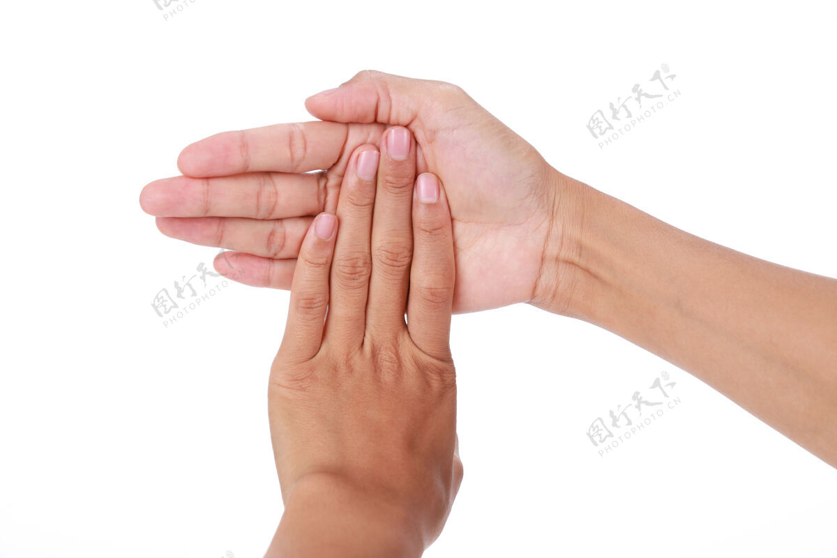 女性触发手指女人在白色背景上伸展手指综合征工作医学