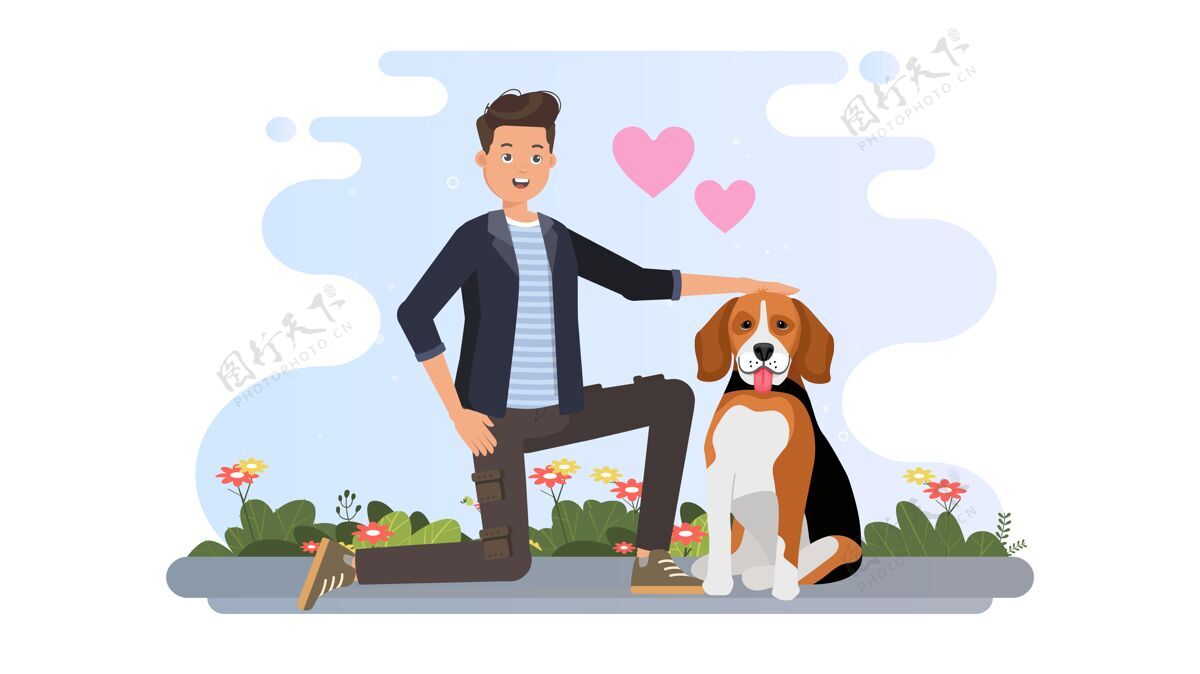 雄性男人和他的宠物狗插画狗关怀人