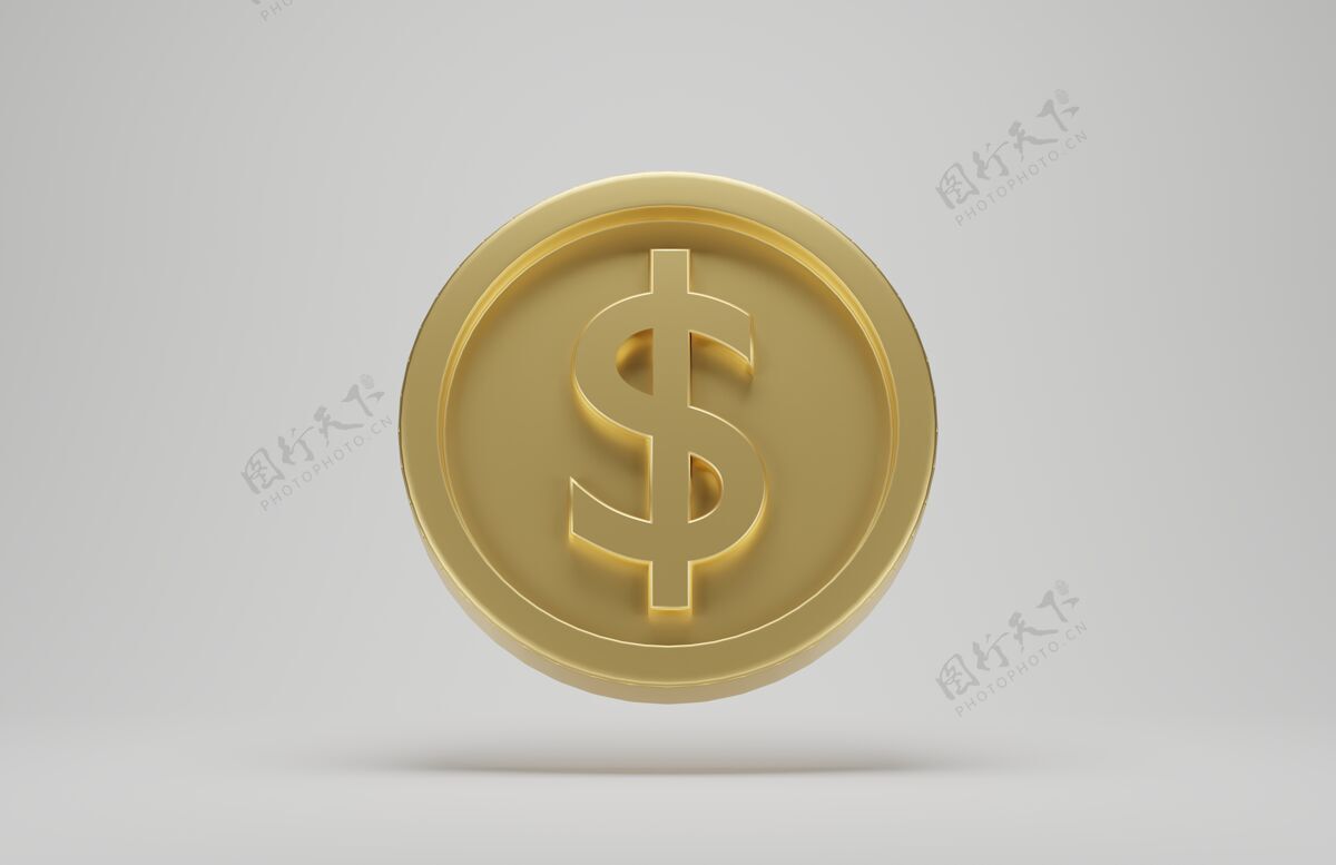 美元白色背景上有美元符号的金币3d渲染硬币支付物体