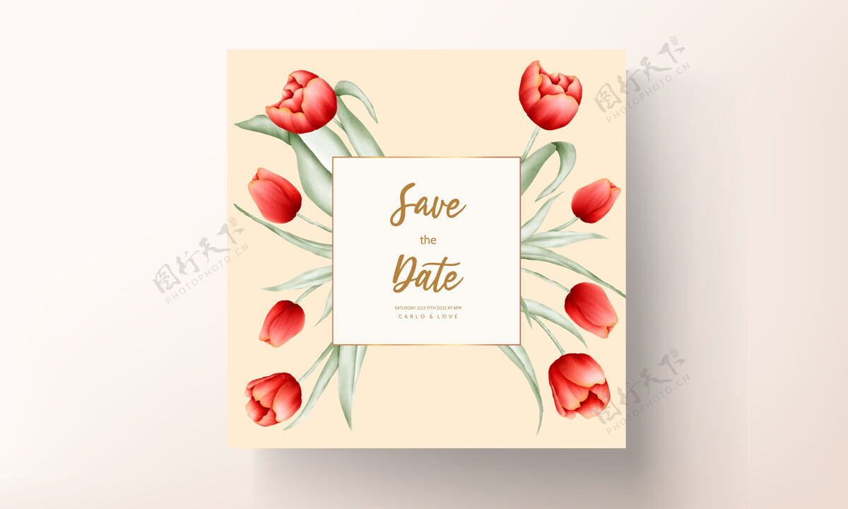 分支美丽的红色郁金香花结婚卡模板植物多彩婚礼请柬