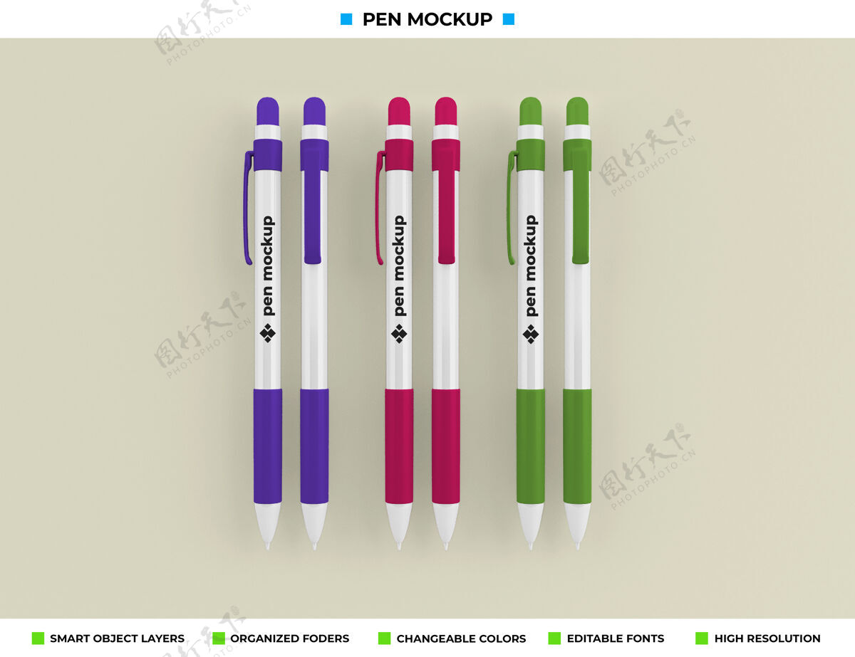 钢笔钢笔模型隔离软彩色背景三维渲染铅笔模型