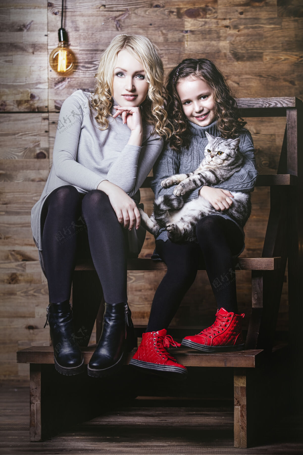 女儿时尚可爱的小女孩和美女抱着一只英国小猫在一起很开心拥抱圣诞动物
