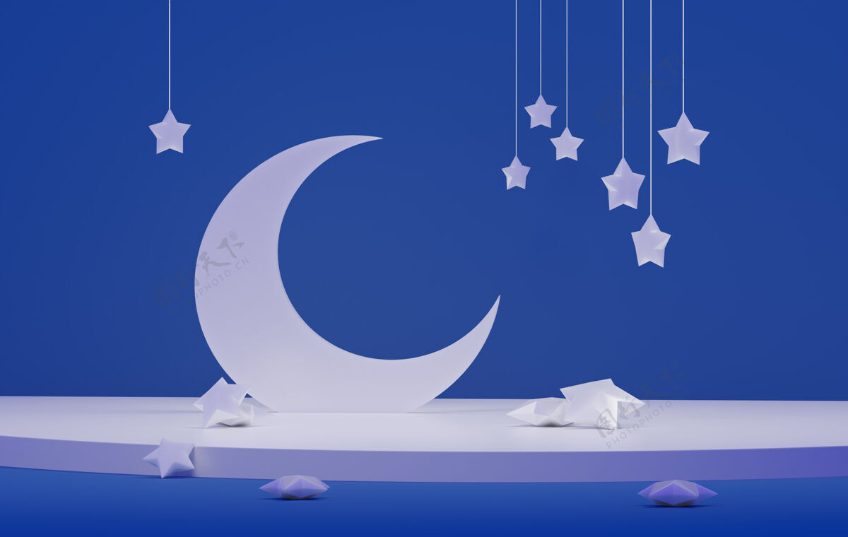海滩带星星的白色月亮 背景是蓝色的坠落的星星3d渲染抽象装饰风景