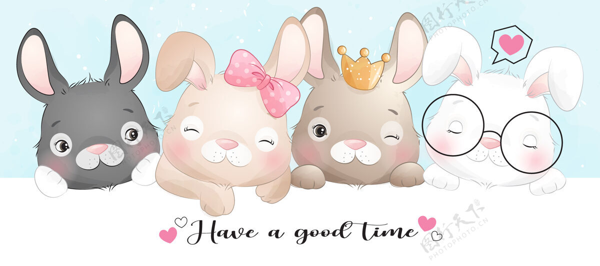 美好时光可爱的涂鸦兔与水彩画动物兔子卡通