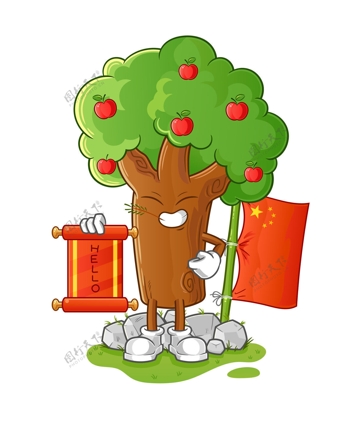 新年苹果树中国卡通插画设计传统苹果祝愿