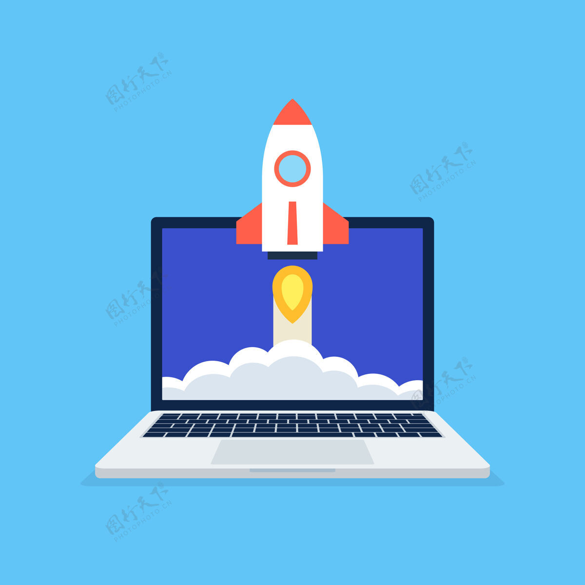 速度启动商业项目概念与红色火箭发射从笔记本电脑屏幕上的蓝色背景发现飞船发现