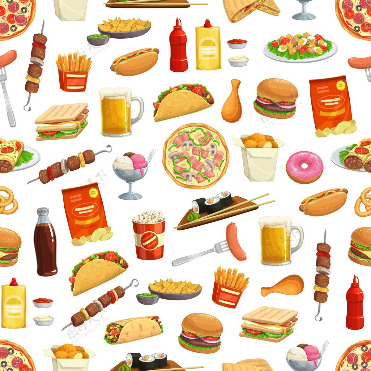 爆米花快餐汉堡三明治图案插图设计芝士汉堡芥末烤架