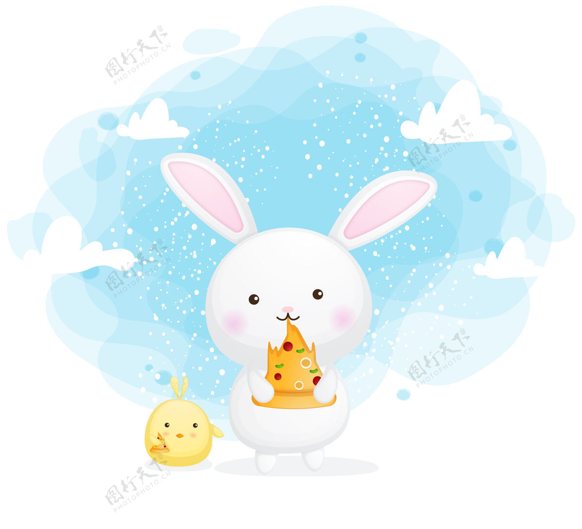 兔子快乐可爱的兔子和小鸡吃比萨饼片卡通人物比萨饼兔子云