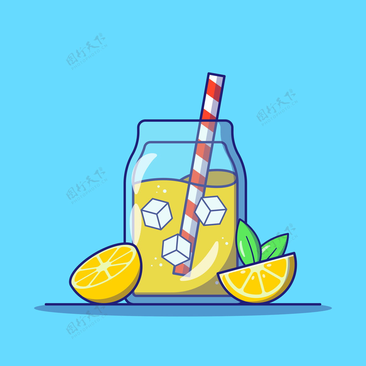 柠檬水在一个玻璃罐里放着柠檬片和条纹稻草的柠檬水夏天概念轮廓