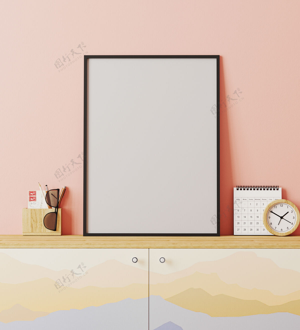 室内现代旅行家风格室内的空白海报框架 粉色墙壁 柜子 山体印刷 装饰 旅行概念 3d渲染旅行者山空白
