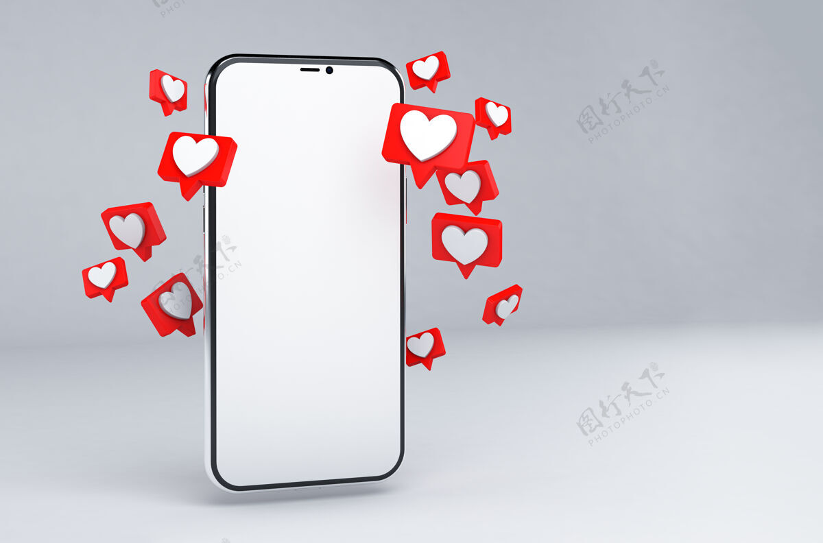 泡泡智能手机与心脏图标和空白屏幕通行证网络友谊显示