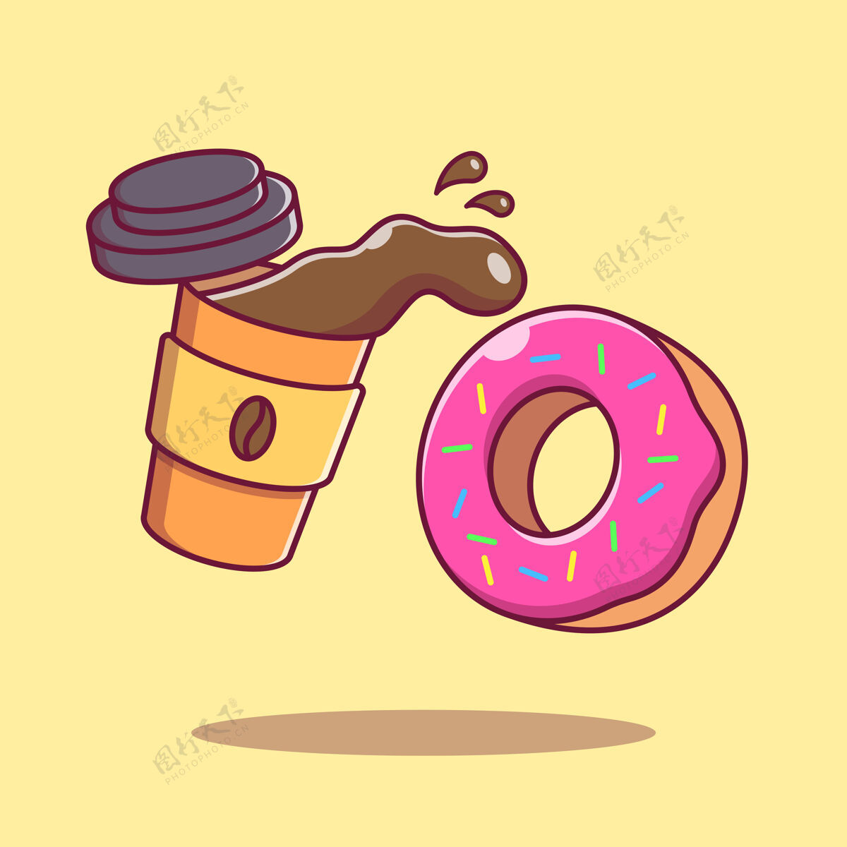 商店飞一杯咖啡和甜甜圈平面卡通插图孤立薯条咖啡因棕色