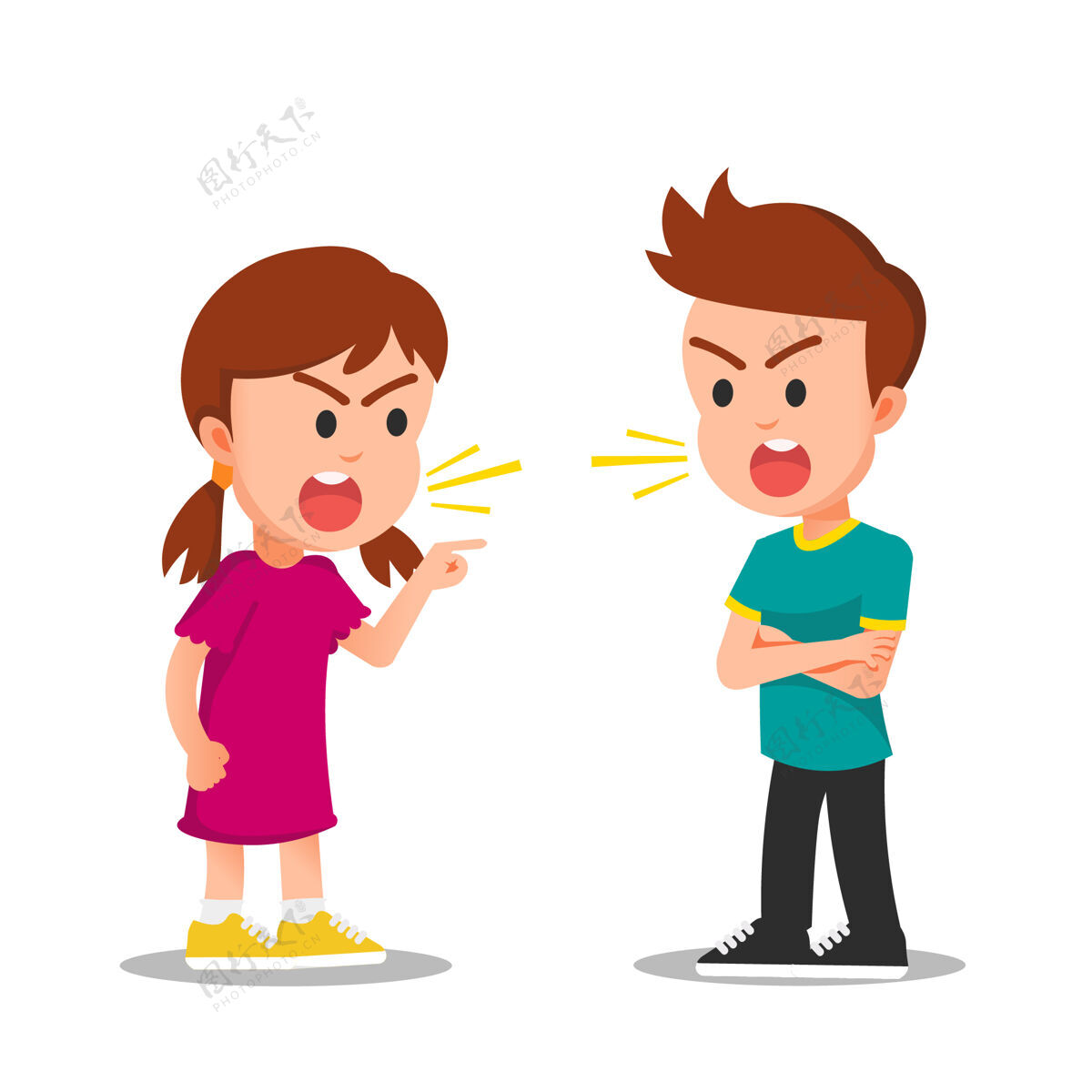 争吵女孩和男孩用愤怒的脸打架或争吵男孩争论争斗