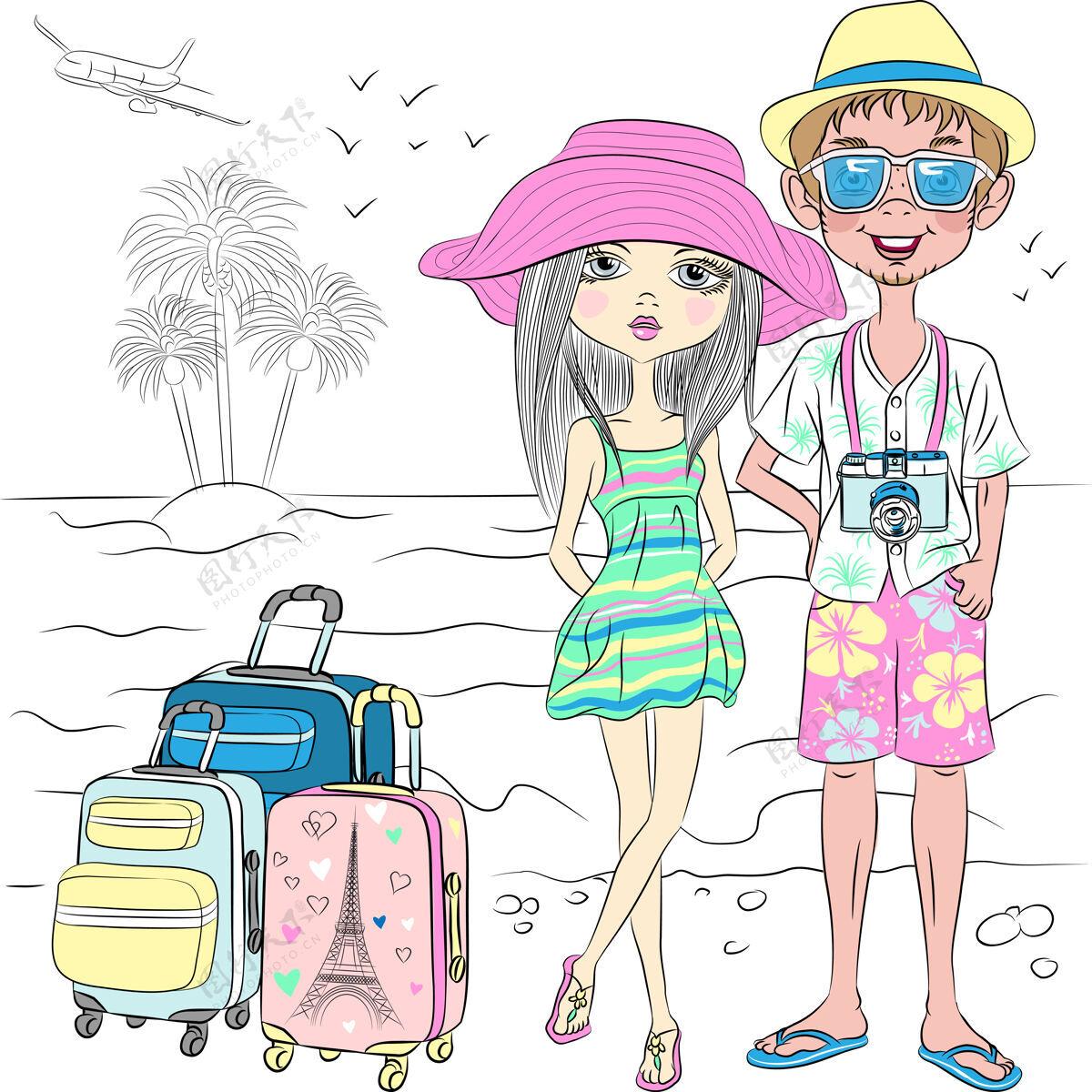 游客时髦的旅行家男孩和女孩在海滩上提着手提箱海鸥时尚人