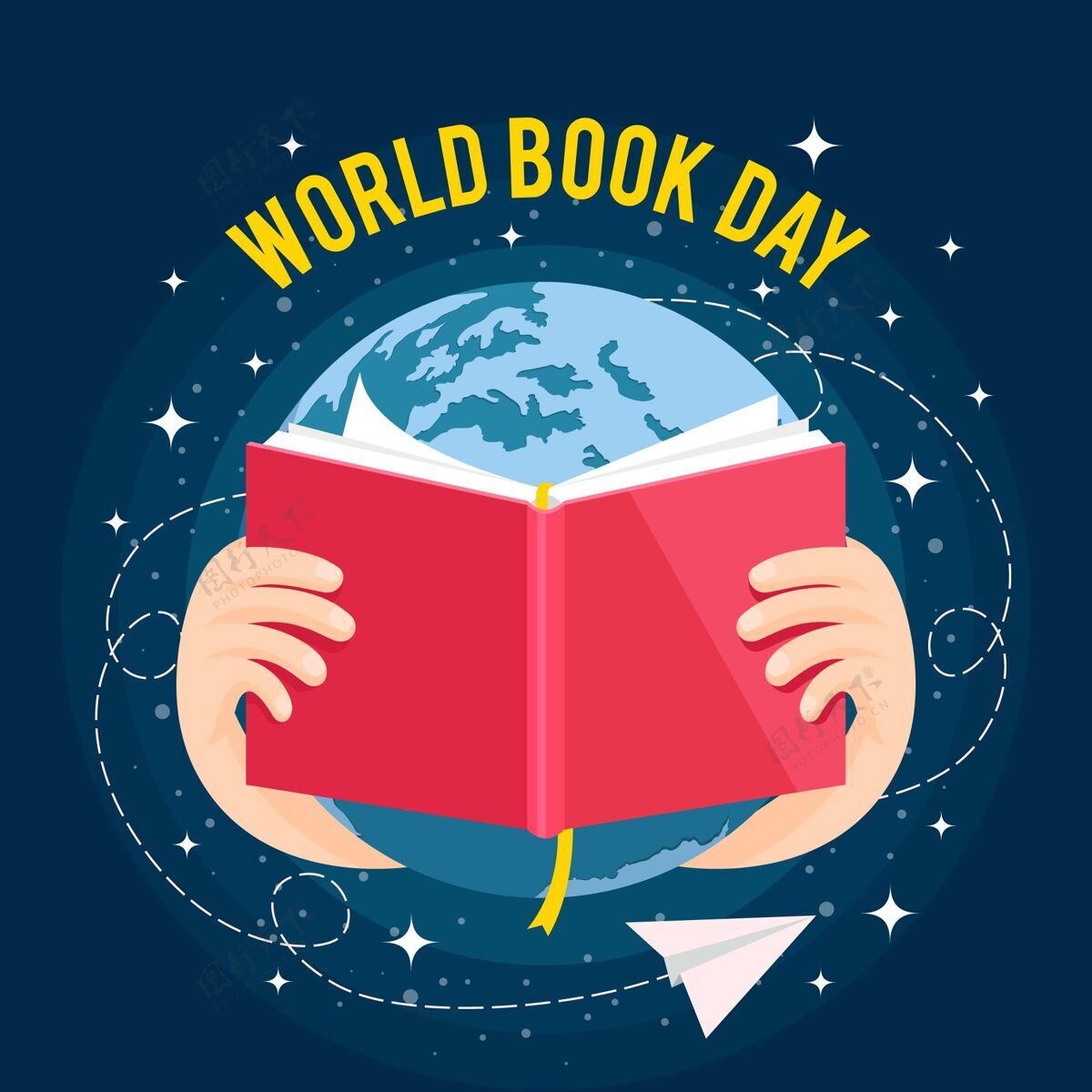 阅读世界图书日插图与行星和开卷书籍图书馆小说