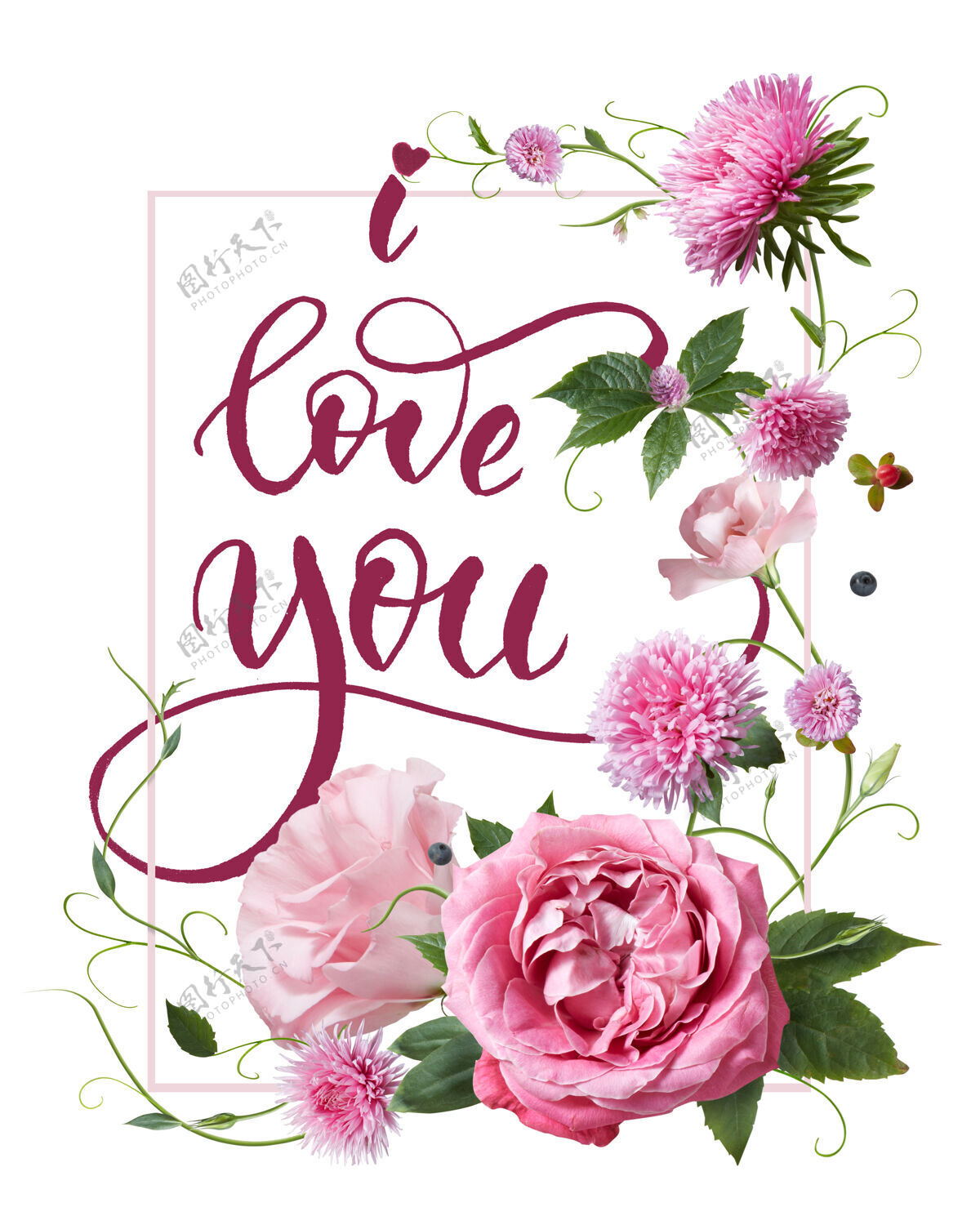 爱在卡片上写上“我爱你”的标语怀特瓦伦丁用粉红玫瑰和玫瑰装饰的卡片花情人节的概念短信信件手工制作