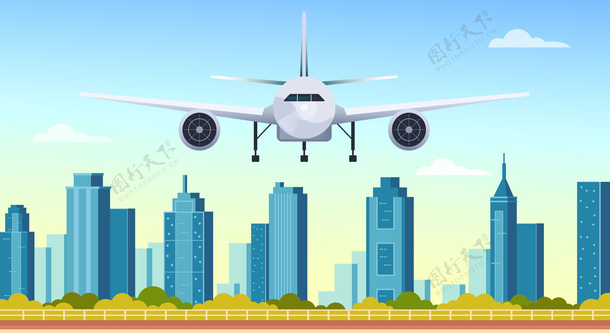 概念飞机飞下现代城市摩天大楼平面平面设计插画概念地区建筑空中