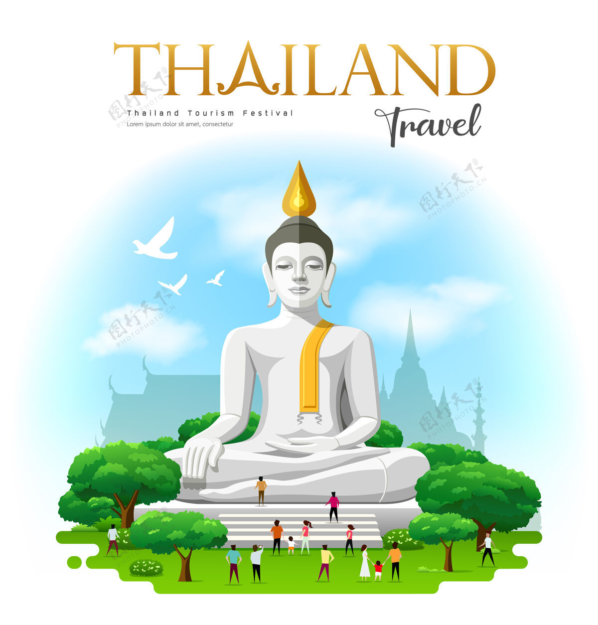佛教大白佛 素罕布里省泰国旅游和人民与树和云和天空背景设计 插图宝塔插图树