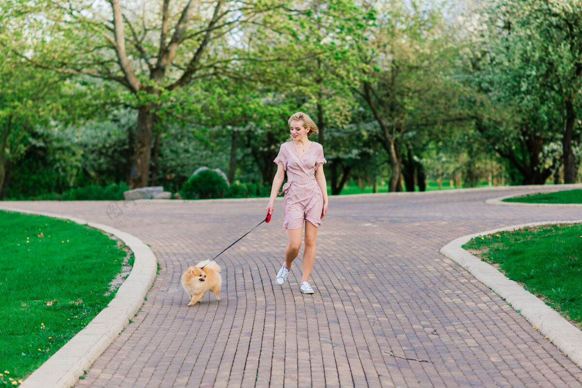 狗迷人的年轻女子抱着狗斯皮茨在外面 微笑着 走在街上公园概念关于人与动物之间的友谊收养快乐肖像