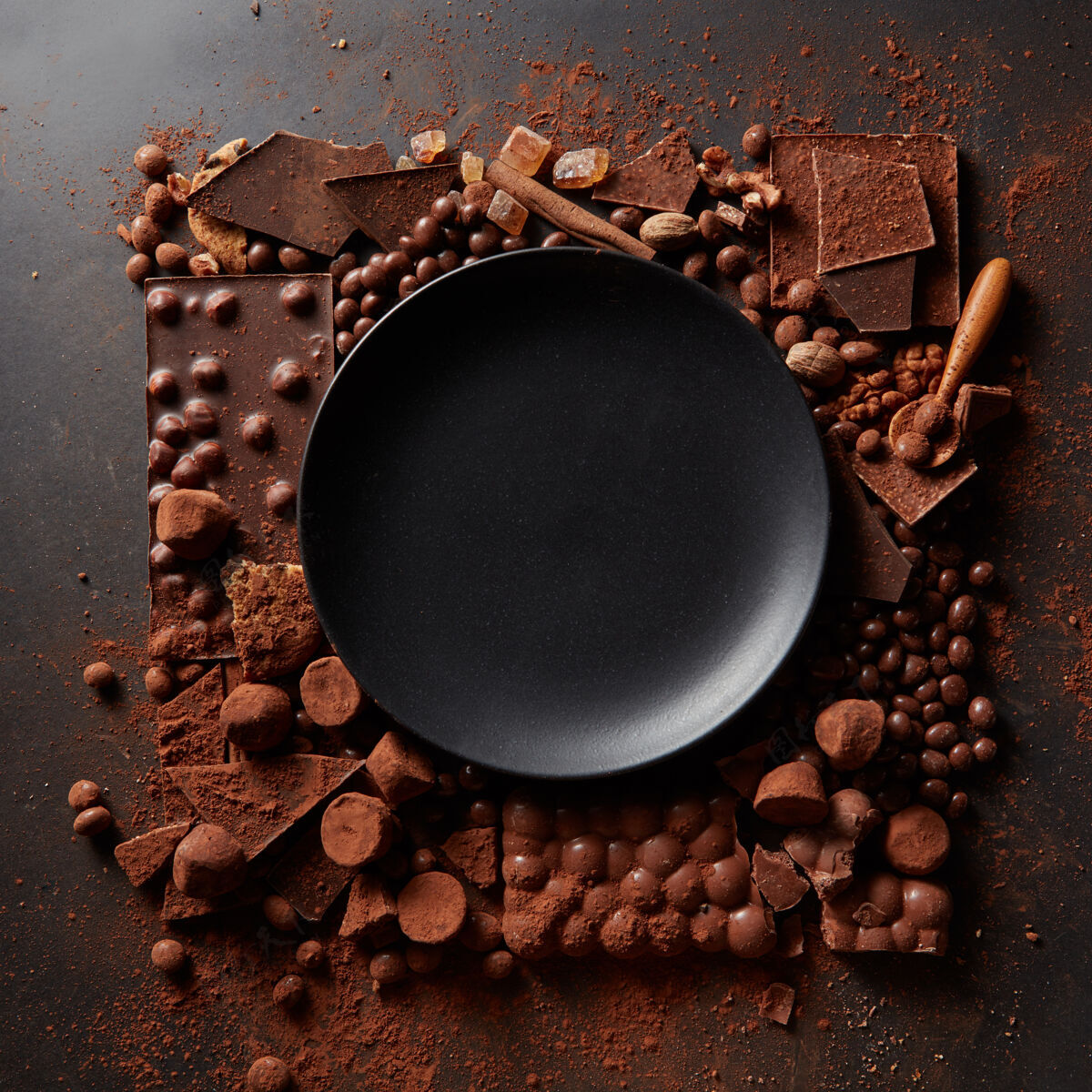 棒不同的巧克力和可可粉的框架与黑色的文字板在黑暗的背景上碎牛奶果仁