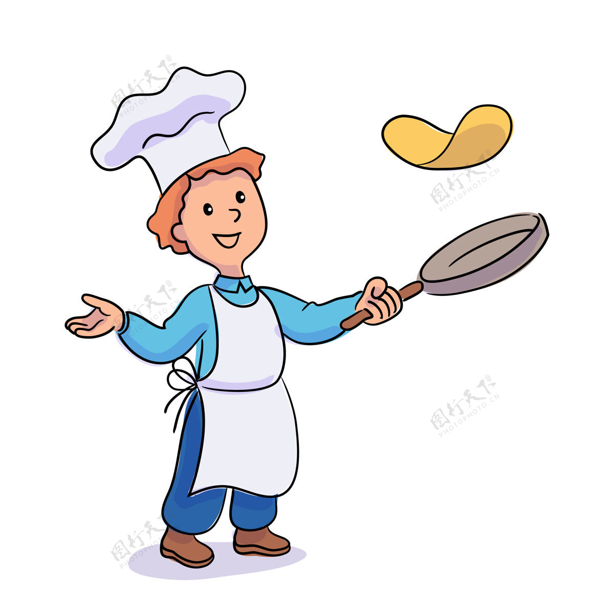 帽子小男孩在煎锅里扔煎饼孩子微笑人物