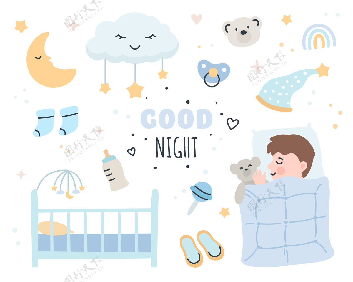 插图晚安元素集可爱的男婴卧室设置男婴