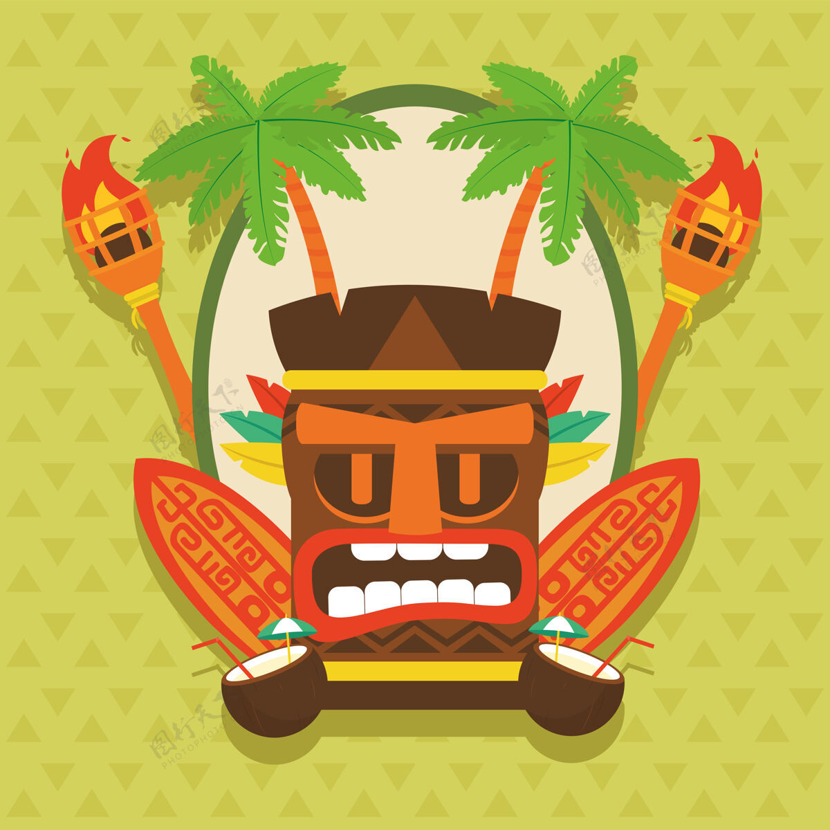热带Tiki卡通与冲浪板设计夏威夷热带主题插画雕像棕榈卡通