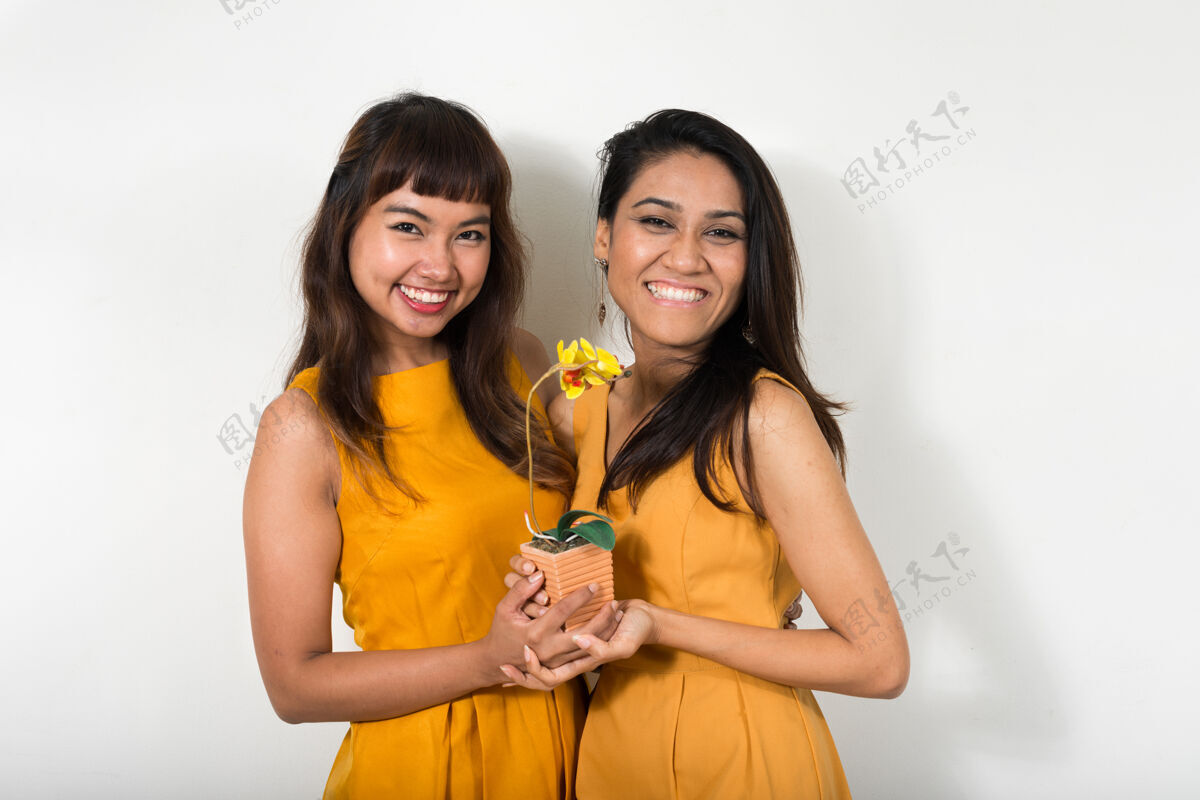 友谊两个年轻的亚洲女人一起对抗白色空间关系同性恋女性