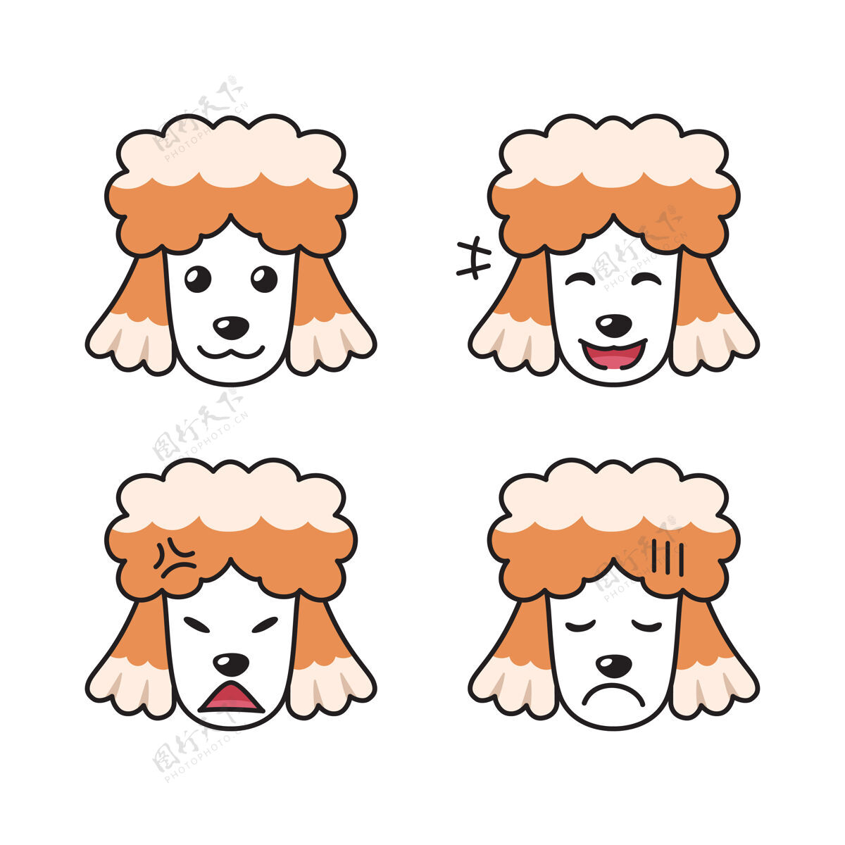 卡通一组狮子狗的脸显示出不同的情绪动物小狗狗