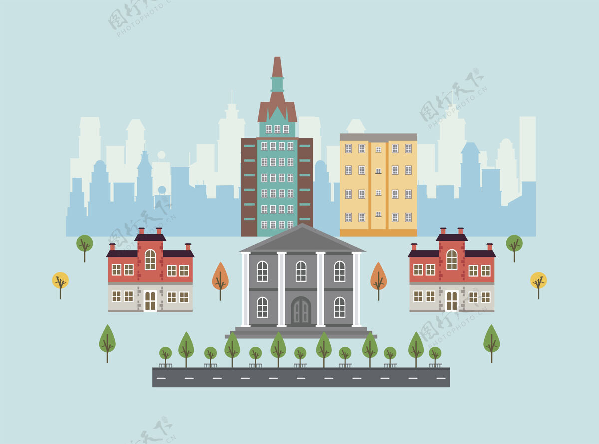 商业城市生活大城市景观与政府建筑插图摩天大楼旅游卡通