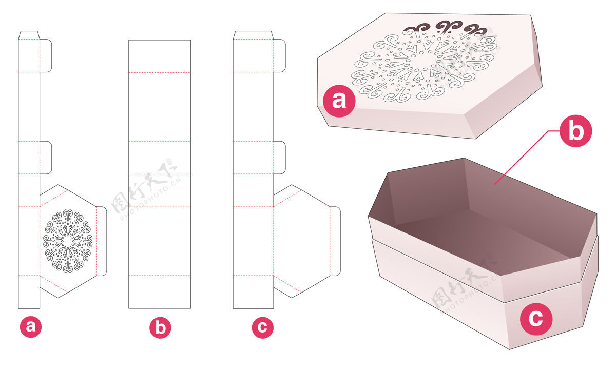 蓝图六角形盒子和盖子与模板曼荼罗模切模板升华空线