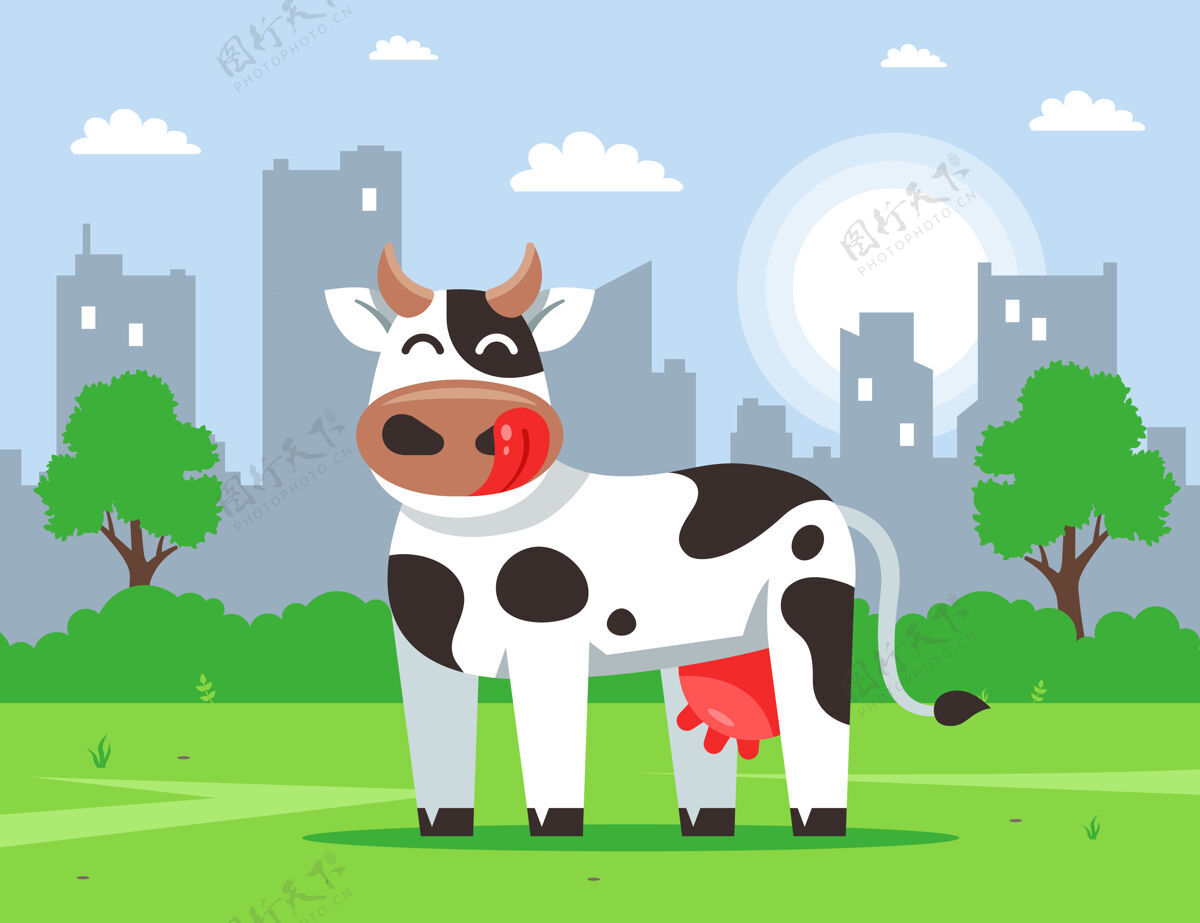 草地可爱的母牛站在绿油油的草坪上 对着城市动物田野草