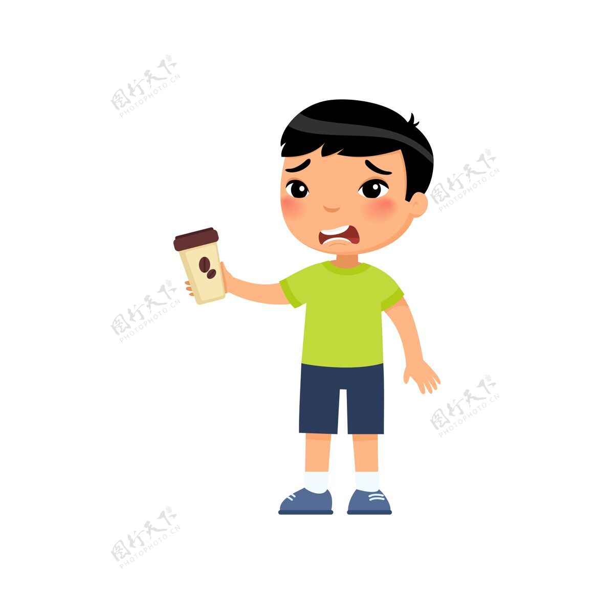意式咖啡亚洲小男孩喝苦味能量饮料杯子咖啡人