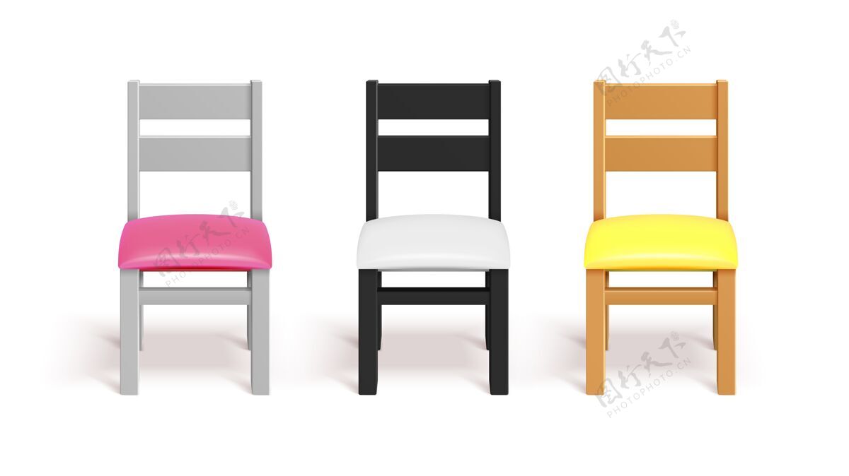 经典逼真的椅子白色 黑色和带枕头的木制椅子坐着木头扶手椅