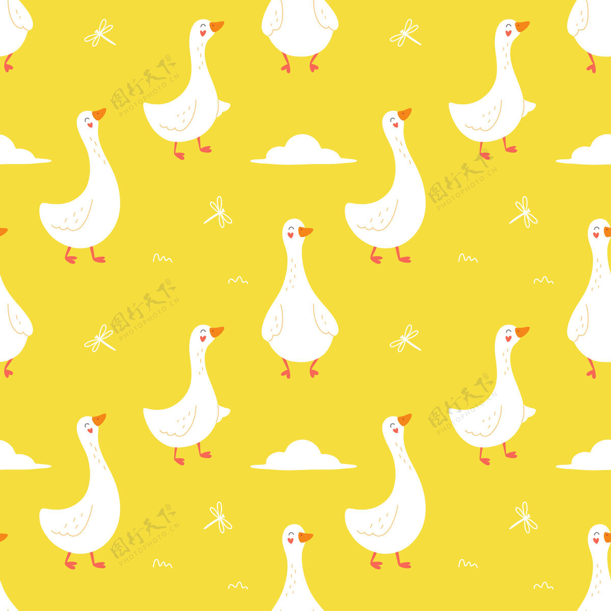 纺织品黄色背景上可爱鹅的无缝图案鹅立场自然
