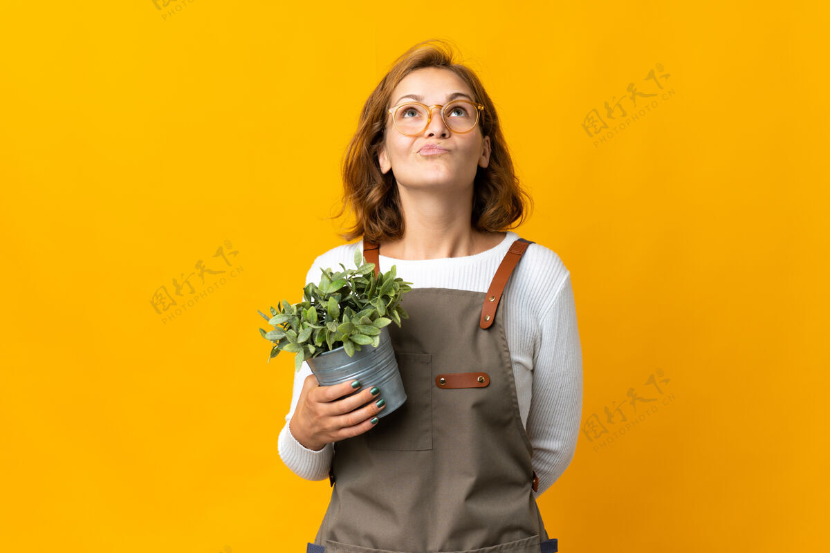 女孩年轻的格鲁吉亚妇女拿着隔离在黄色墙上的植物 抬头望去思想红发花盆