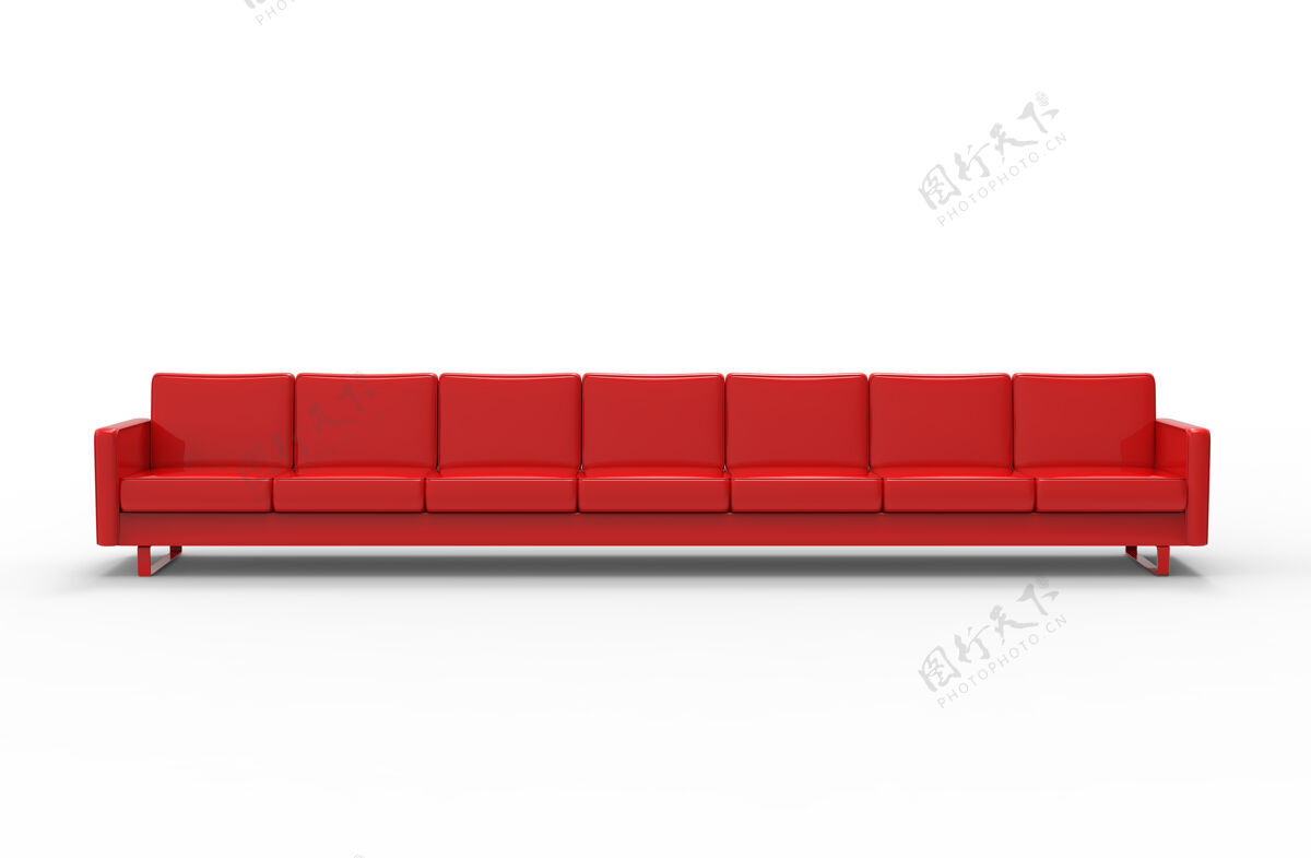 椅子非常长的红色沙发隔离在白色背景上3d渲染扶手椅休息室皮革