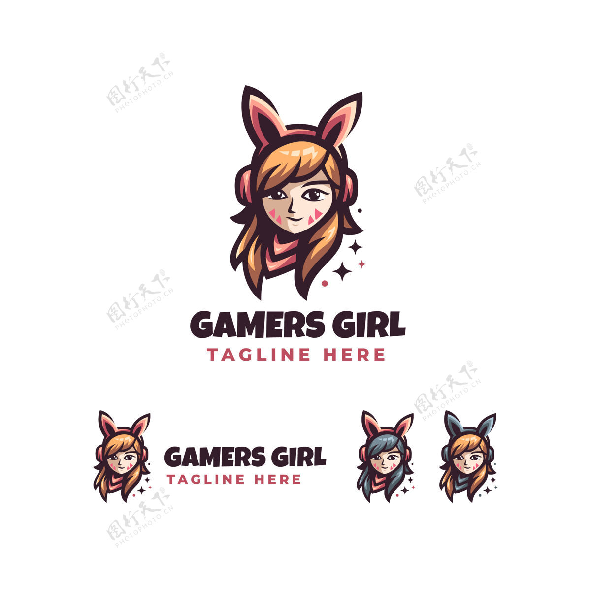 耳机游戏玩家可爱的女孩用现代风格吉祥物标志设计模板极客互联网团队