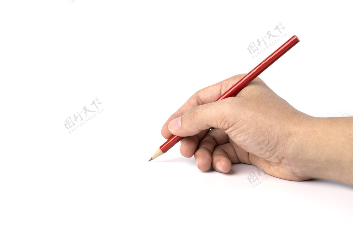 绘图孤立的手拿着红色的铅笔 孤立的走在白色的小路上笔记物体手