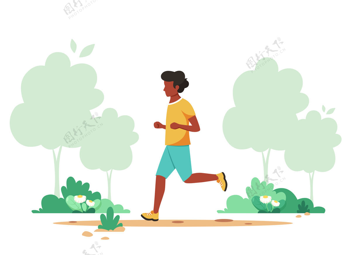 自然黑人在春天公园慢跑健康的生活方式树木春天