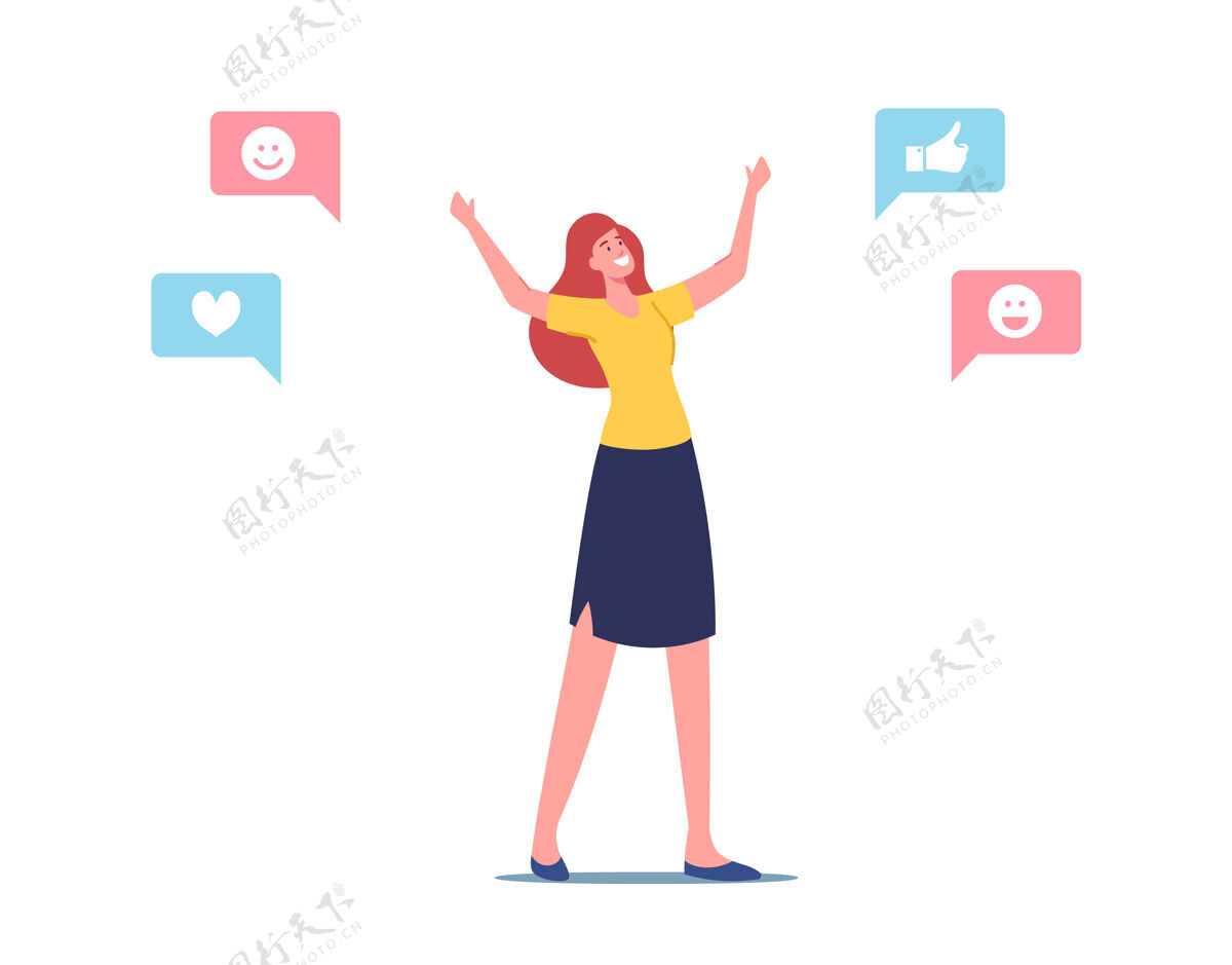 支持感同身受 情商插图周围有积极的社交媒体图标的开朗的女性角色行为情感每一个