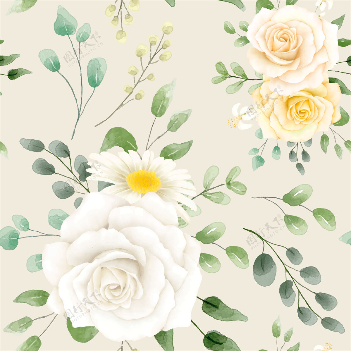 玫瑰柠檬水彩花卉图案绿色复古水彩