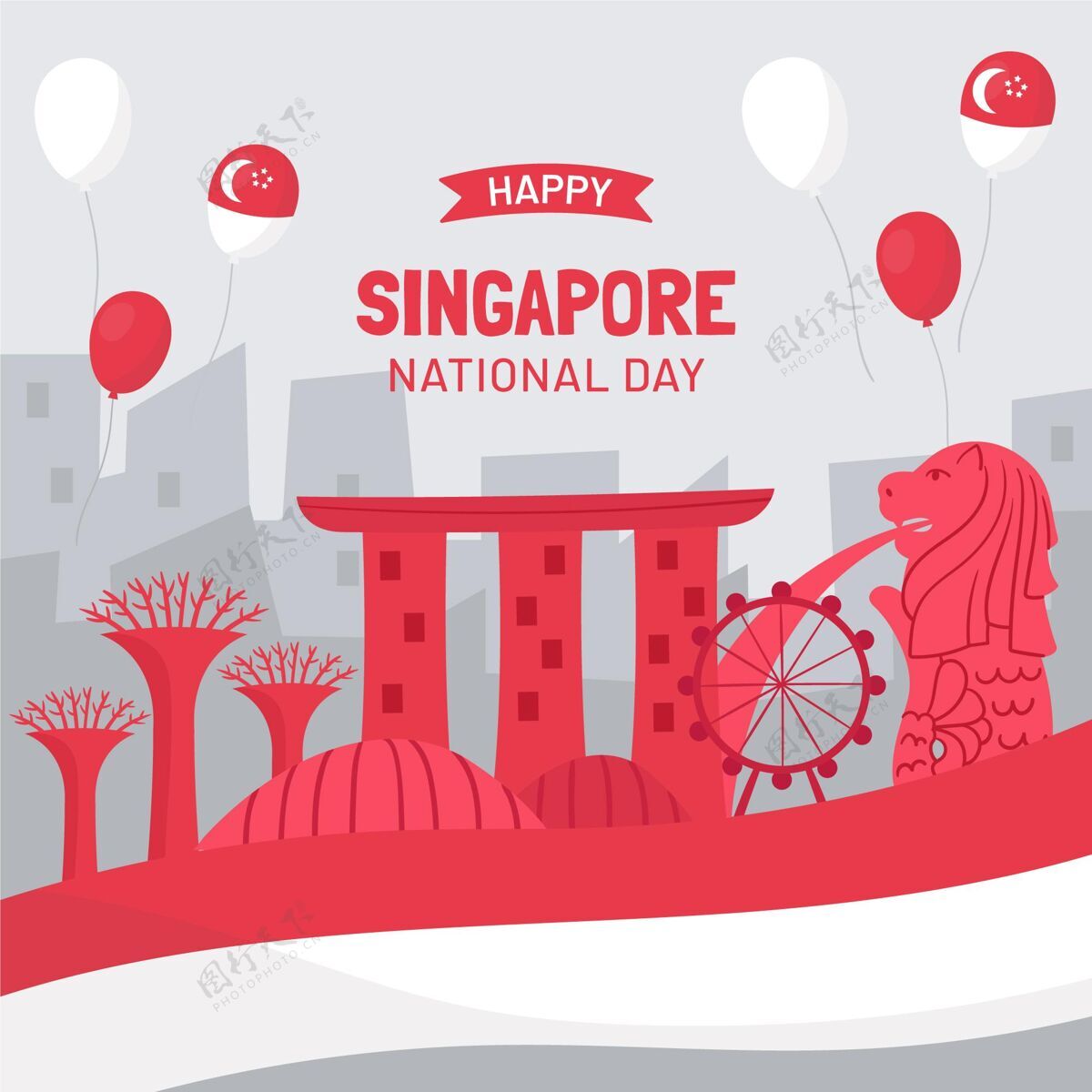 活动手绘新加坡国庆插画自由贺卡庆祝
